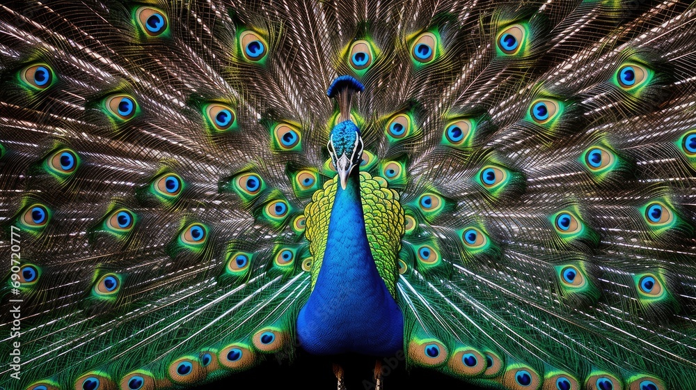Obraz premium elegance of a male peacock's colorful feathered tail. An iridescent display of nature's beauty.