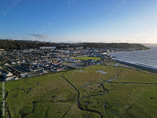 Westward Ho! town and bay at golden hour aerial view