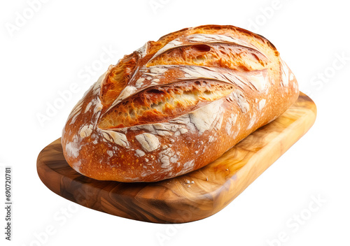 loaf of Ciabatta bread on a wooden cutting board isolated on a transparent background