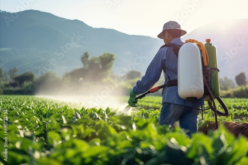 Farmer implementing integrated pest management practices, a mix of natural and technological pest control, Showcase a holistic approach to pest prevention in crops