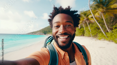 handsome black afro young man taking selfie cheerful on a tropical beach © oscargutzo