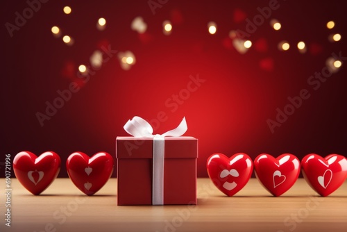 Composition with red gift box tied with ribbon surrounded by several 3D red hearts on the red background. Love, affection and admiration concept. St Valentine's mockup with copy space. © Georgii