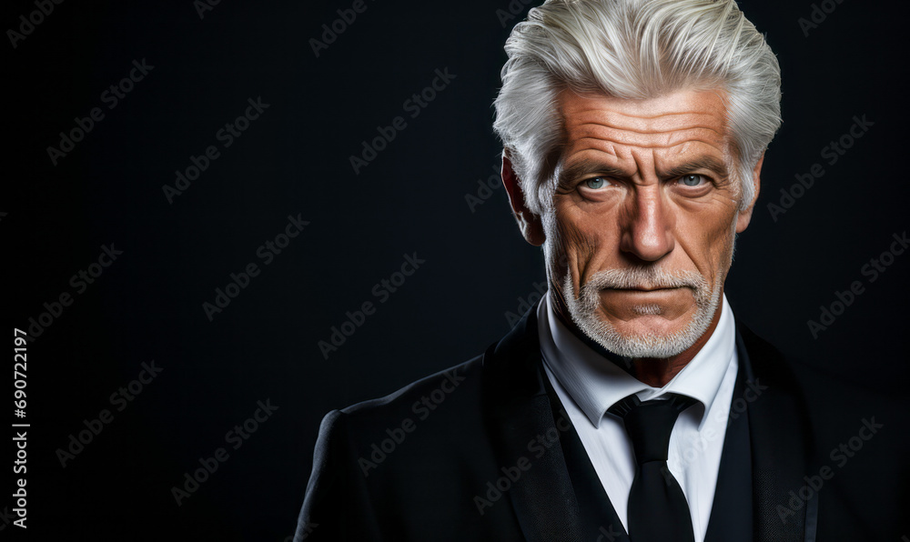 Distinguished senior man with striking silver hair and deep blue eyes, wearing a classic black suit and tie, exudes confidence and experience on a dark grey backdrop Distinguished senior man with striking silver hair and deep blue eyes, wearing a classic black suit and tie, exudes confidence and experience on a dark grey backdrop