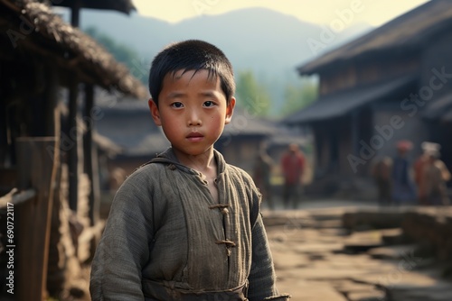 beautiful chinese boy standing posing in an impoverished chinese village