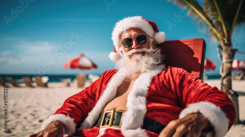 Christmas Santa Claus relaxing on sunlounger at ocean sandy tropical beach under palm leaves. Happy New Year travel destinations to hot countries concept. © JuliaDorian