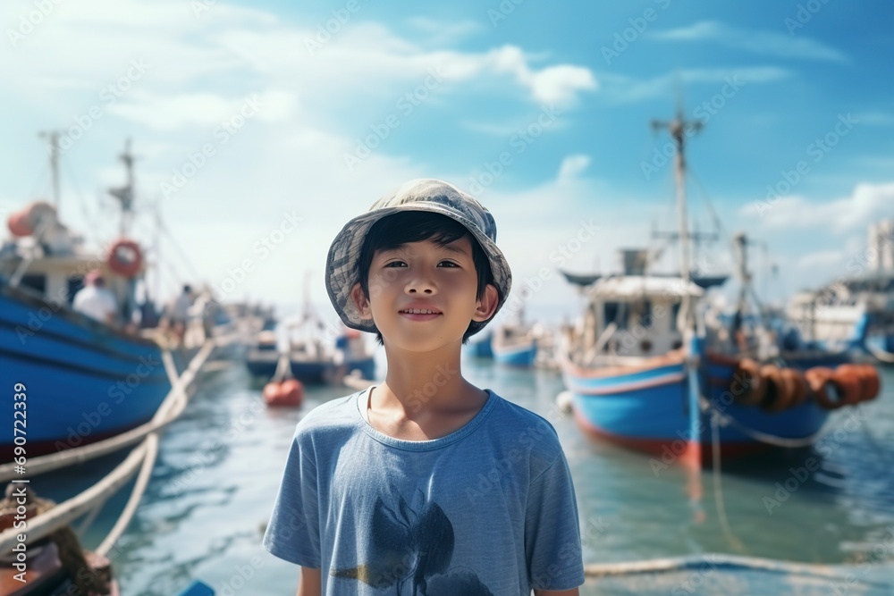 beautiful chinese boy in the seaport