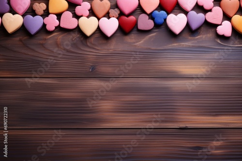 Small colored hearts on wooden plank background. Mockup for wallpapers, backgrounds, postcards on Valentine's day, Birthday or wedding party. Copy space for text.