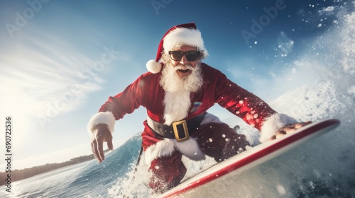 Santa Claus on surf board in ocean. Santa Claus on vacation. Surfing Santa. Santa goes Surfing.