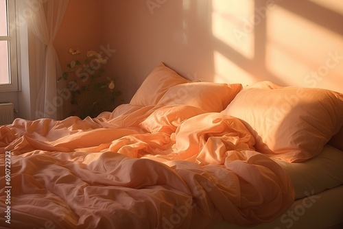 The bed with pillows is peach fuzz color.