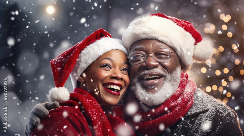Senior African American couple smiling and wearing Santa hats, looking at camera. Family time Christmas celebration. Senior African American couple smiling and wearing Santa hats, looking at camera. Family time Christmas celebration.