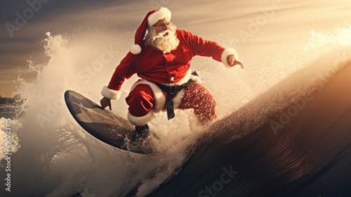 Santa Claus on surf board in ocean. Santa Claus on vacation. Surfing Santa. Santa goes Surfing.