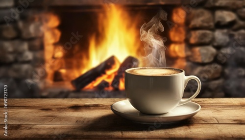 photograph of a cup of hot coffee and a background with a wood bonfire