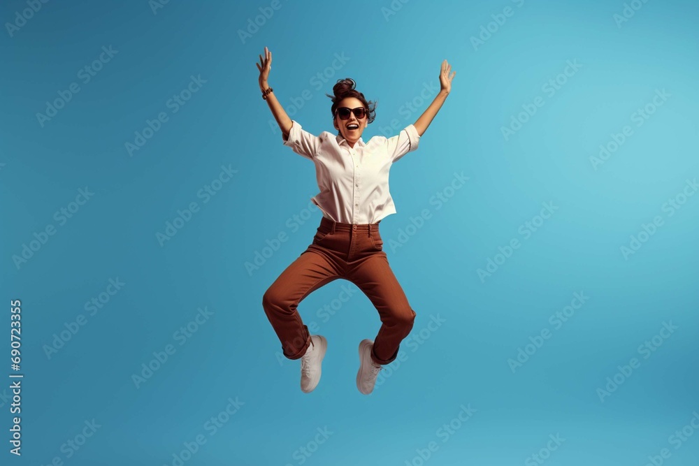 Full length photo of shiny lucky girl dressed brown shirt spectacles jumping high rising fists isolated blue color