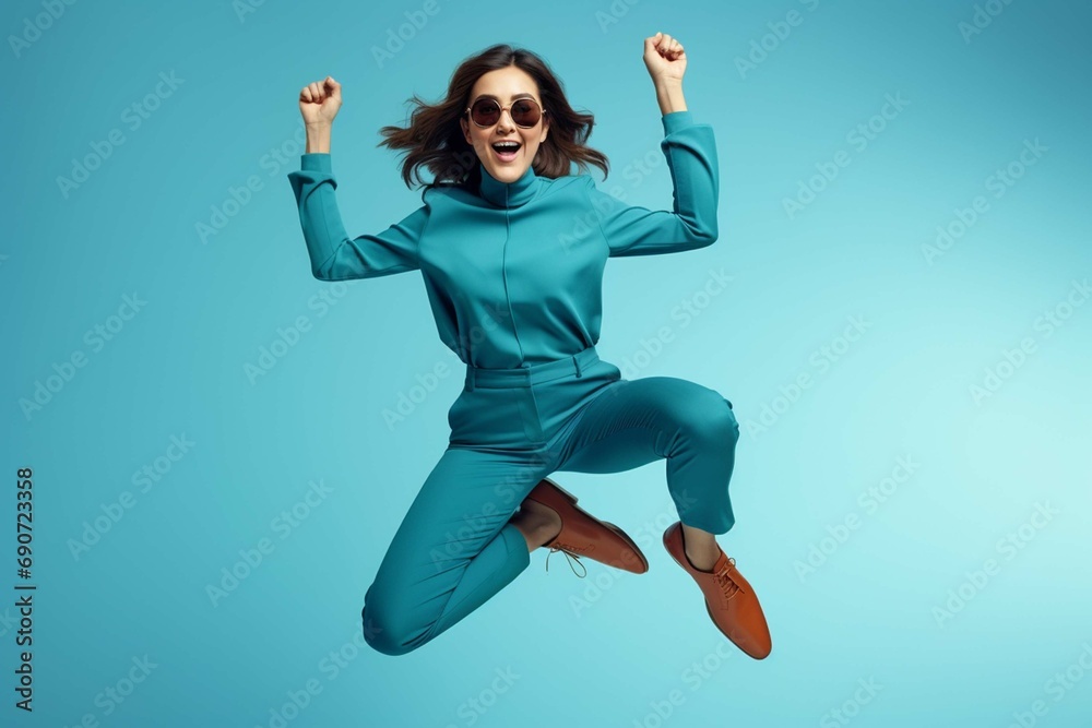 Full length photo of shiny lucky girl dressed brown shirt spectacles jumping high rising fists isolated blue color - obrazy, fototapety, plakaty 
