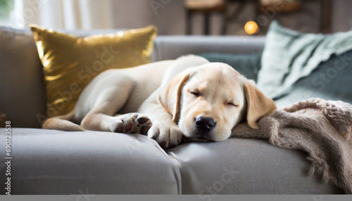 cucciolo cane dorme su divano casa  photo