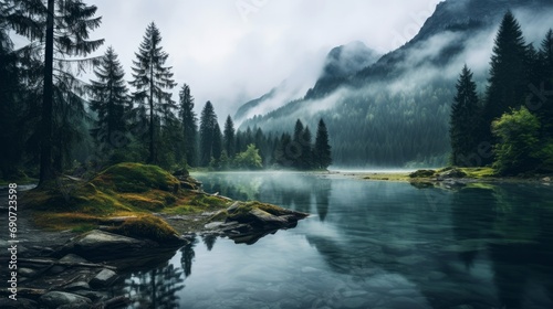 Tranquil Mountain Lake Next to a Lush Forest Scenery