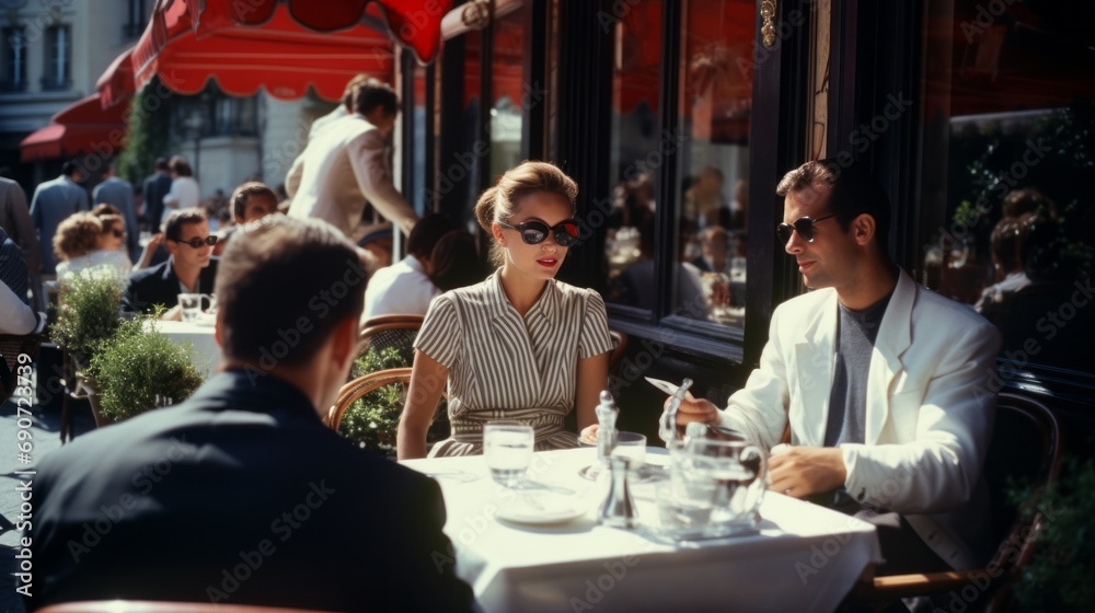 People restaurant. Paris life in the 60s. People, streets, noir, classic. Night lights in Paris. 