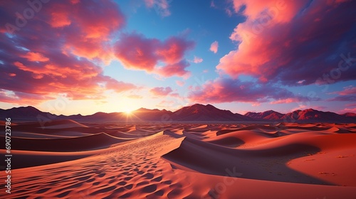 A desert landscape under the warm tones of dusk, with sand dunes casting long shadows and the sky transitioning from day to night in a breathtaking display