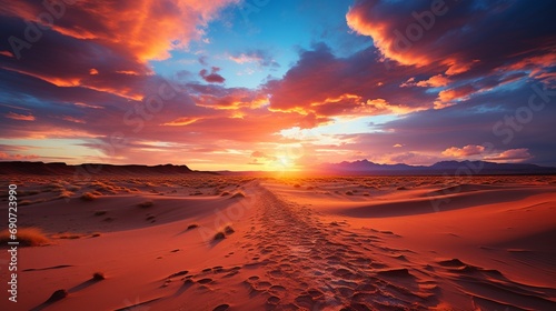 A dramatic desert sunset  as the sun dips below the horizon  casting a fiery glow on the sand dunes and creating a breathtaking and otherworldly evening scene