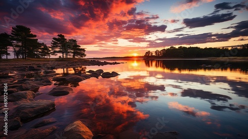 A dramatic sunset over a tranquil lake, with the sky ablaze with warm colors reflecting on the water's surface, creating a stunning and peaceful scene