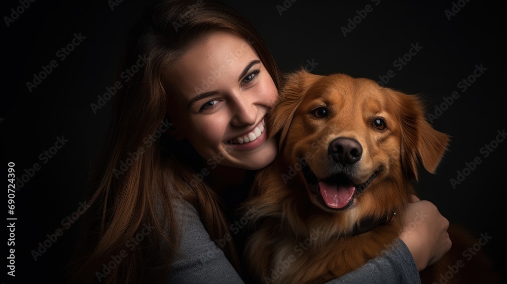 Happy loyal brown furry dog and its female owner as best friends. Close-up studio shot on a dark background.