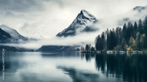 Tranquil Mountain Lake Next to a Lush Forest Scenery