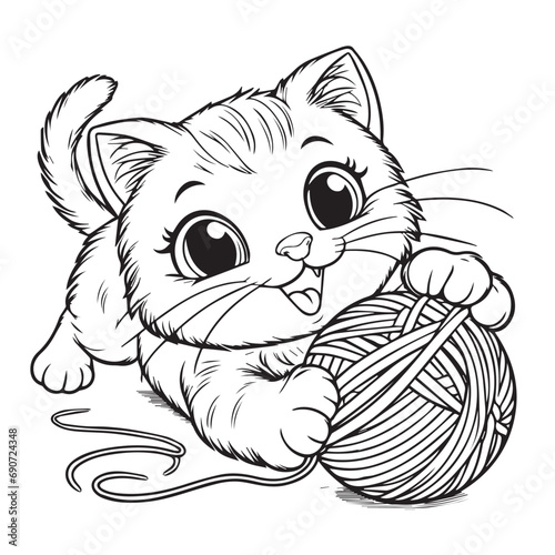 a playful cat chasing a yarn ball with a mischievous expression for the coloring book page