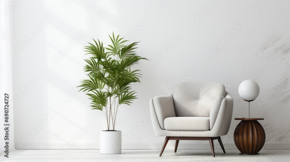Fototapeta premium A stylish armchair, a lamp and a large plant against a white wall.