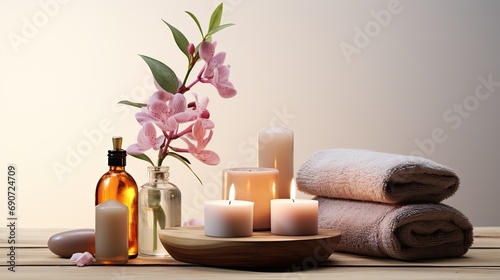 Spa set with scented oil, flowers and stones.