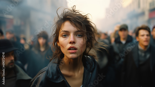 Portrait of a girl during a street riot. focus on the girl, with a crowd of people in the background. © ProstoSvet