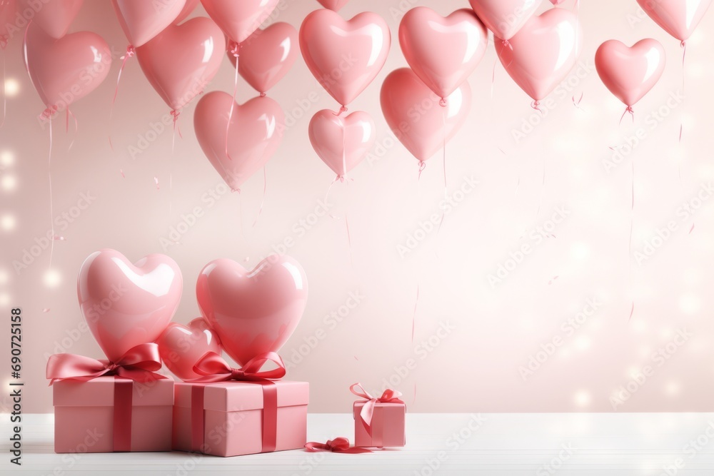Festive composition of pink gift box wrapped with ribbon and heart-shaped balloons on pink studio background. Valentine's Day 14th February celebration concept. Mockup with copy space.