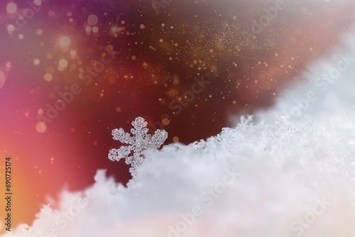 A beautiful real snowflake. Snow in nature. Macro photo in winter. Concept for Christmas and holidays.