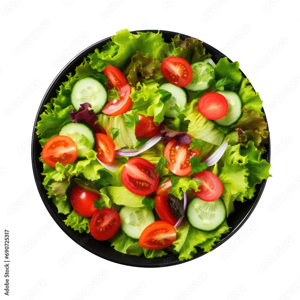 Green salad with fresh vegetables top view isolated on white or transparent background