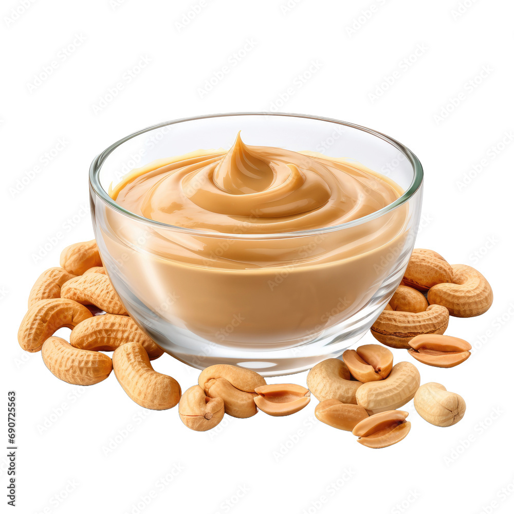Glass bowl of peanut butter and peanuts around isolated on white or transparent background Glass bowl of peanut butter and peanuts around isolated on white or transparent background