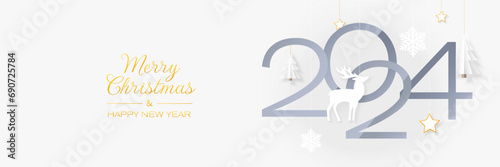 Merry Christmas and Happy New Year banner. 2024 number with spruce, deer and snowflake in digital craft style.