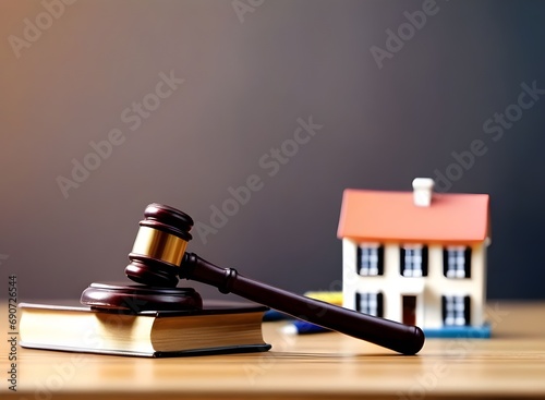Judge auction and real estate concept. Law hammer and house model. Real estate law.