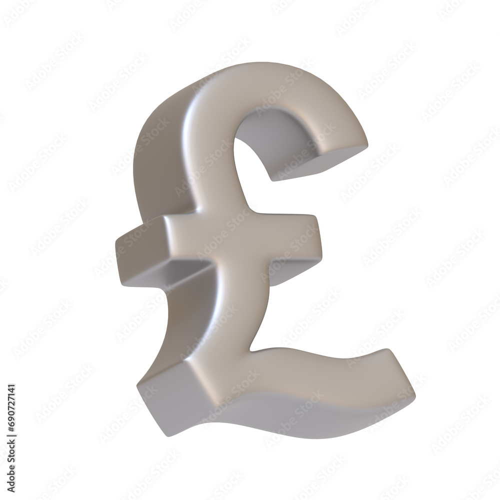 Silver pound sign isolated on white background. 3D icon, sign and symbol. Cartoon minimal style. 3D Render Illustration