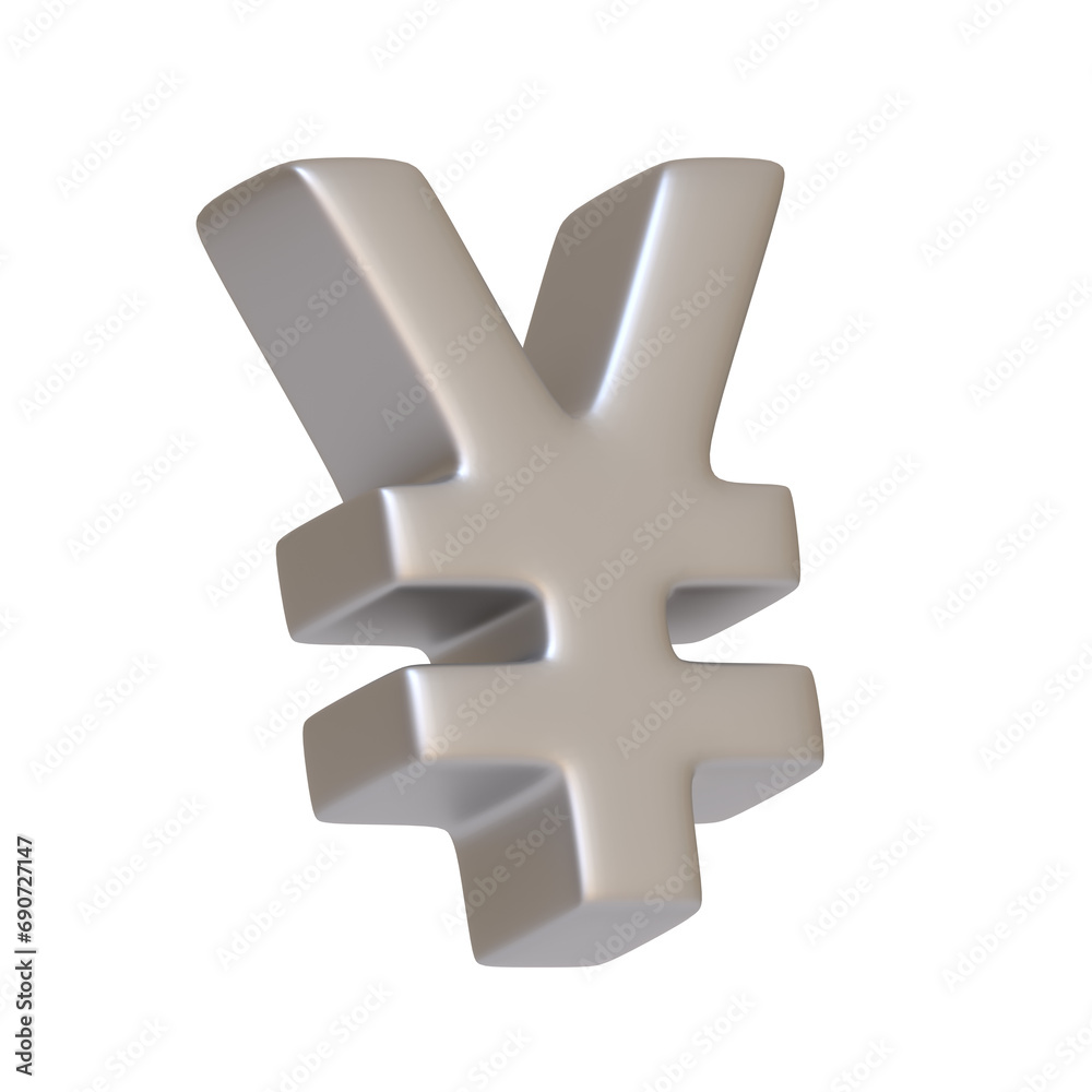 Obraz premium Silver yen sign isolated on white background. 3D icon, sign and symbol. Cartoon minimal style. 3D Render Illustration