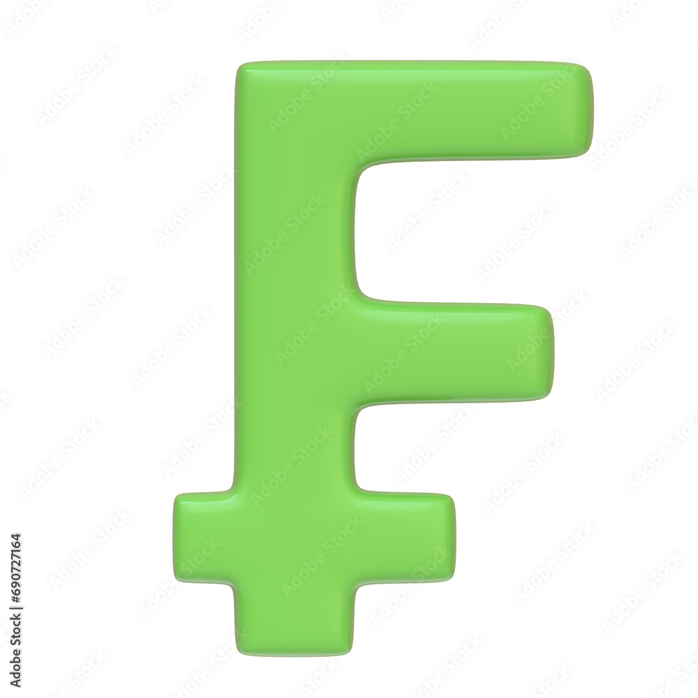 Green franc sign isolated on white background. 3D icon, sign and symbol. Cartoon minimal style. Front view. 3D Render Illustration Green franc sign isolated on white background. 3D icon, sign and symbol. Cartoon minimal style. Front view. 3D Render Illustration