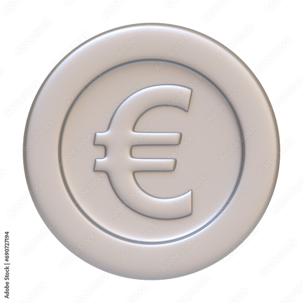 Silver coin with euro sign isolated on white background. 3D icon, sign and symbol. Cartoon minimal style. Front view. 3D Render Illustration Silver coin with euro sign isolated on white background. 3D icon, sign and symbol. Cartoon minimal style. Front view. 3D Render Illustration
