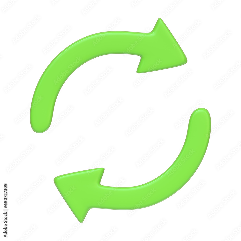 Two green arrows icon, update symbol isolated on white background. 3D icon, sign and symbol. Cartoon minimal style. Front view. 3D Render Illustration Two green arrows icon, update symbol isolated on white background. 3D icon, sign and symbol. Cartoon minimal style. Front view. 3D Render Illustration