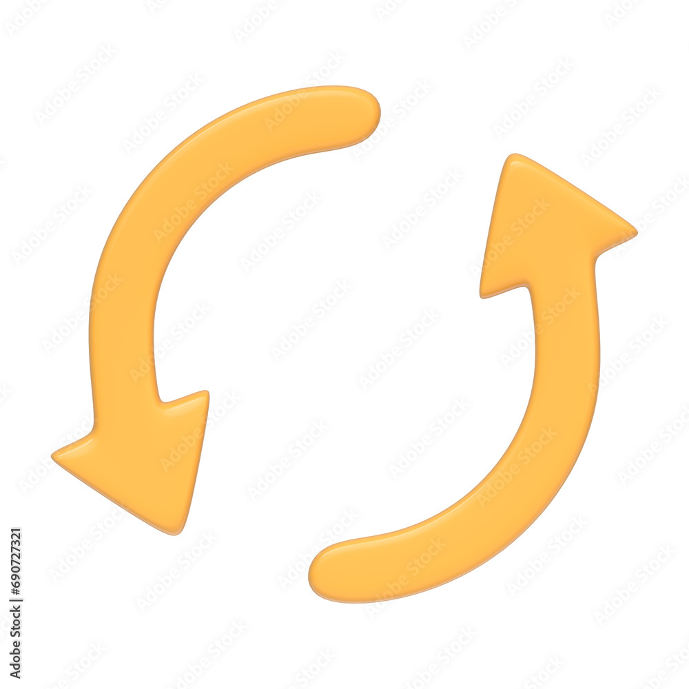 Two yellow arrows icon, update symbol isolated on white background. 3D icon, sign and symbol. Cartoon minimal style. Front view. 3D Render Illustration Two yellow arrows icon, update symbol isolated on white background. 3D icon, sign and symbol. Cartoon minimal style. Front view. 3D Render Illustration