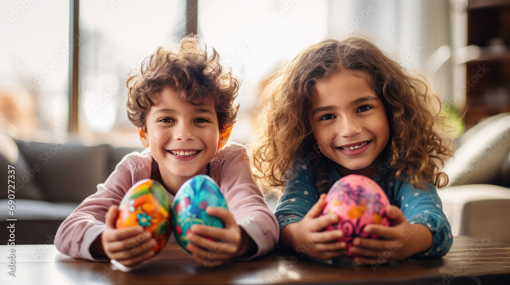 Fototapeta premium Portrait of two children holding painted Easter eggs