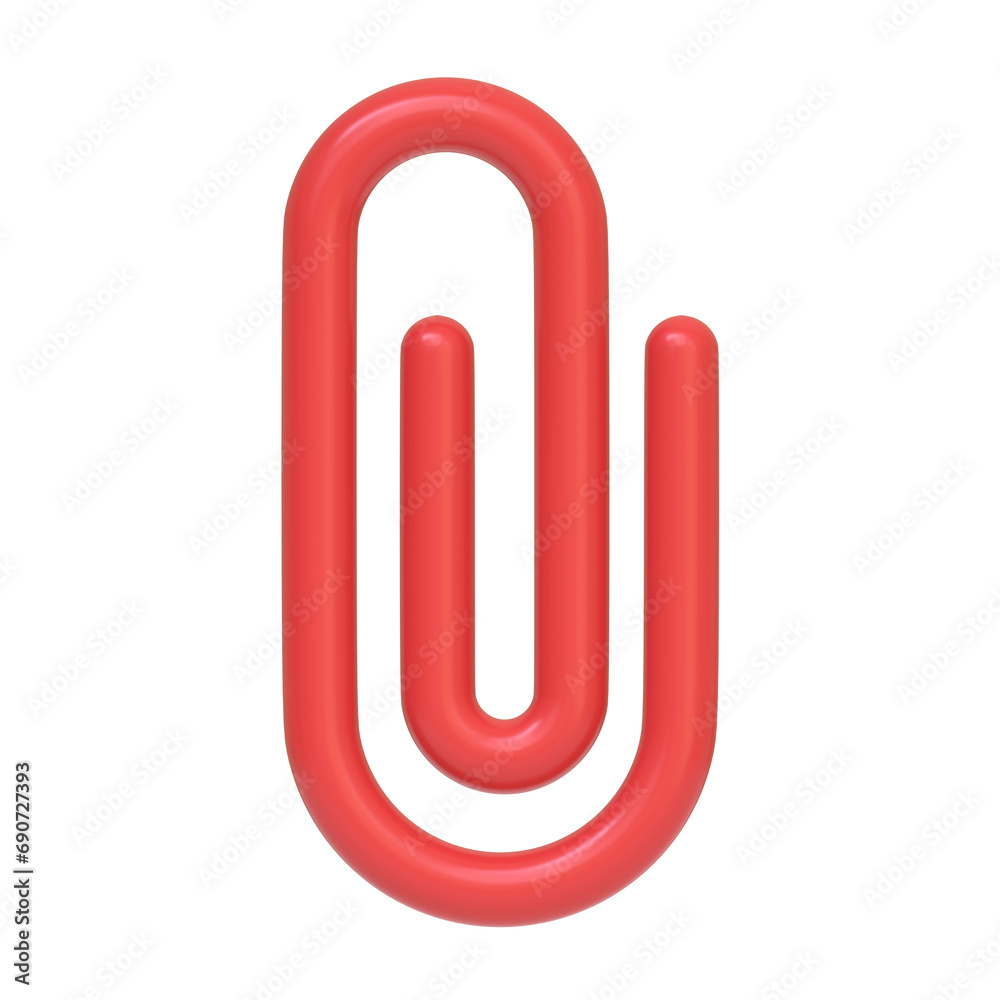 Red paper clip isolated on white background. 3D icon, sign and symbol. Cartoon minimal style. Front view. 3D Render Illustration Red paper clip isolated on white background. 3D icon, sign and symbol. Cartoon minimal style. Front view. 3D Render Illustration