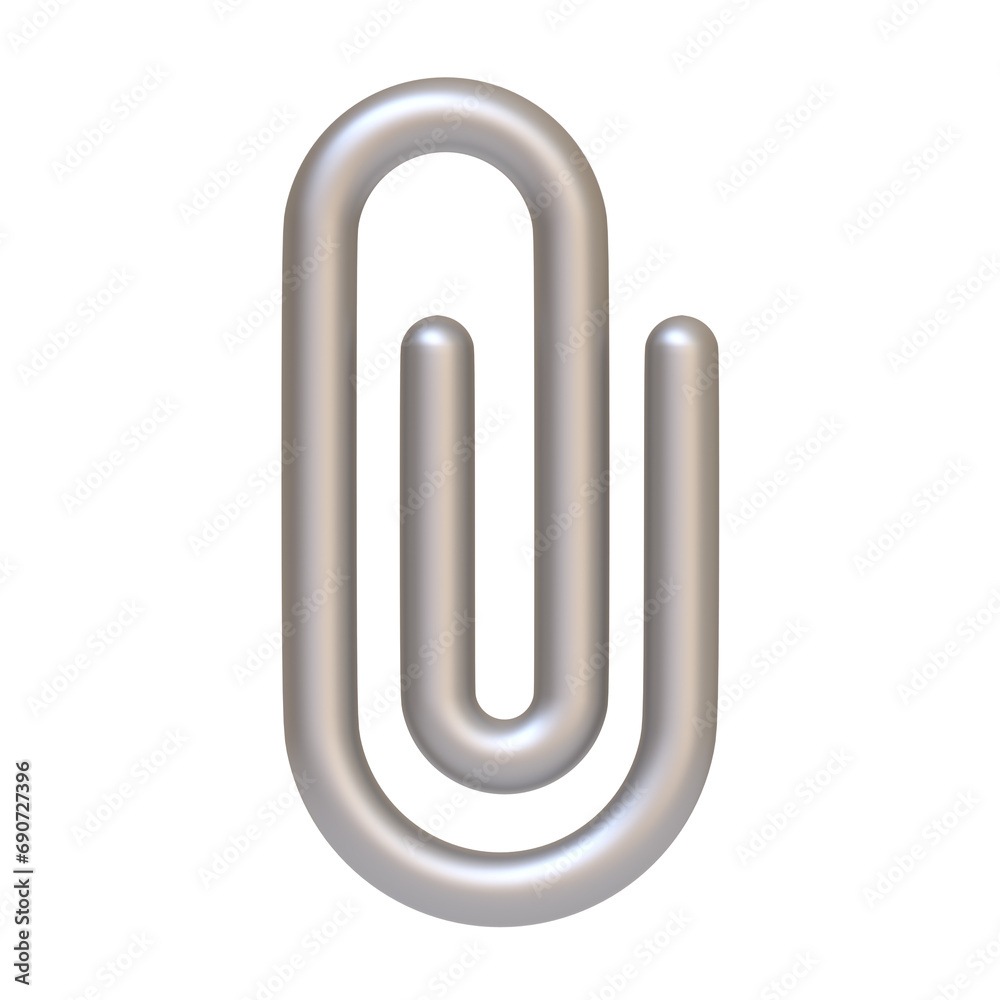 Silver paper clip isolated on white background. 3D icon, sign and symbol. Cartoon minimal style. Front view. 3D Render Illustration Silver paper clip isolated on white background. 3D icon, sign and symbol. Cartoon minimal style. Front view. 3D Render Illustration