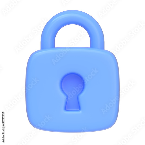 Blue locked padlock isolated on white background. 3D icon, sign and symbol. Cartoon minimal style. Front view. 3D Render Illustration