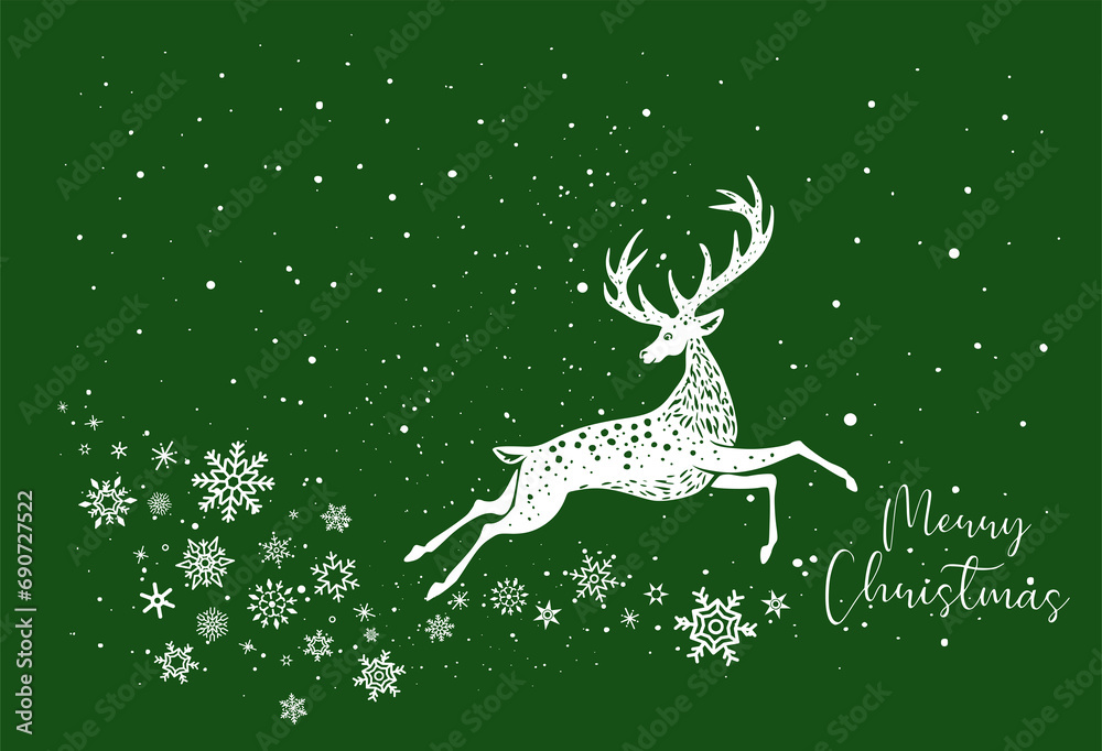White Deer Reindeer Stag stencil drawing with snowflakes.Merry Christmas Silhouette.Green card.Antlers horns.Happy New Year.Winter window decoration.Plotter Laser cutting.Holidays decor.DIY cut.