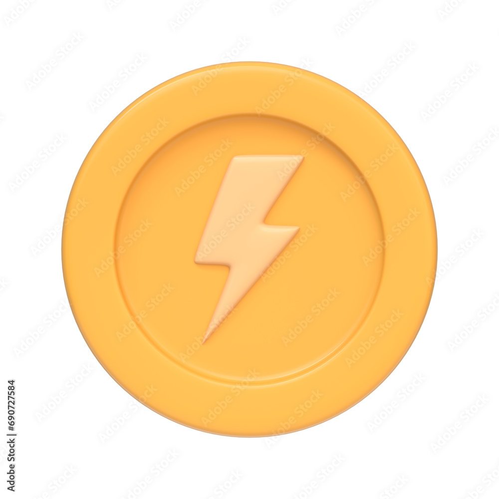 Gold coin with lightning bolt isolated on white background. 3D icon, sign and symbol. Cartoon minimal style. Front view. 3D Render Illustration Gold coin with lightning bolt isolated on white background. 3D icon, sign and symbol. Cartoon minimal style. Front view. 3D Render Illustration
