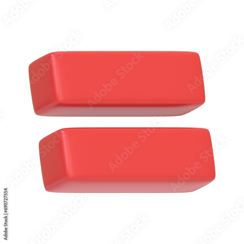 Red equals sign isolated on white background. 3D icon, sign and symbol. Cartoon minimal style. 3D Render Illustration photo