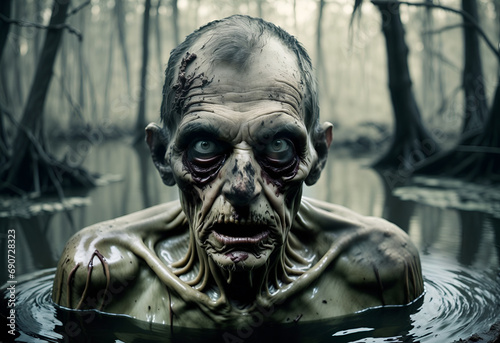 Portrait of an old rotten male zombie in a swamp